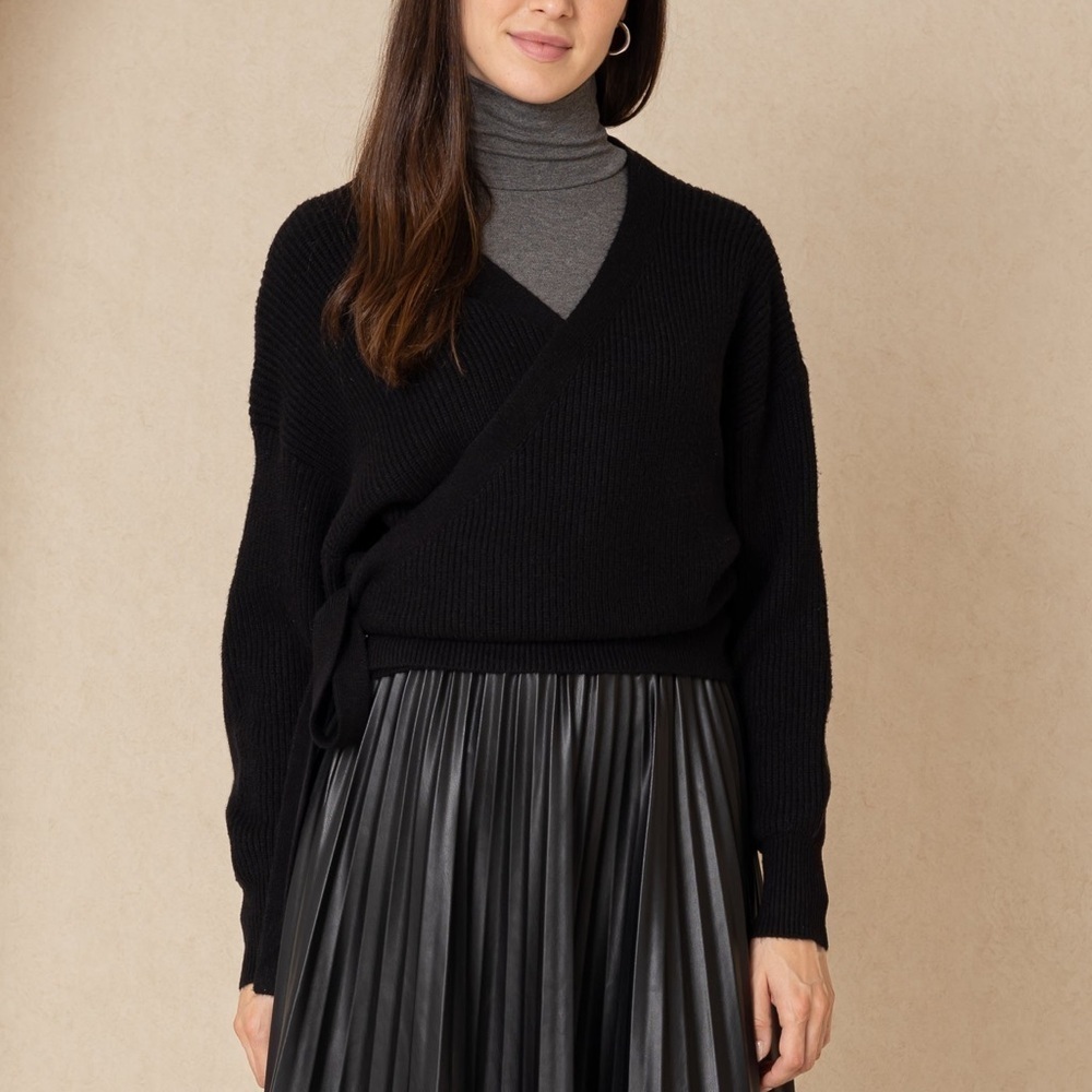 Dress Blank Black Knit Wrap Long Sleeve Chunky Sweater Top